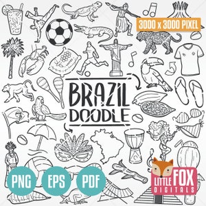 Iconos vectoriales de Brasil. Álbum de recortes de imágenes prediseñadas de viajes brasileños. Diseño de arte lineal dibujado a mano de Brasil. Ilustraciones de Brasil para colorear.