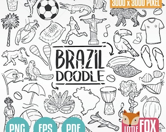 BRAZIL doodle vector icons. Brazilian Travel Clipart Scrapbook. Hand Drawn Line Design. Artwork Clip Art Coloring.