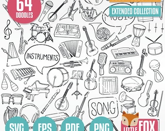 May include: A black and white illustration of 64 musical instruments, including a guitar, drums, a piano, a trumpet, a violin, a microphone, a music stand, and a boombox. The text "64 DOODLES" is in a red circle at the top left of the image. The text "3000 x 3000 PIXEL EXTENDED COLLECTION" is in a white rectangle at the top right of the image. The text "INSTRUMENTS" is in a speech bubble at the top centre of the image. The text "SONG" is in a speech bubble at the bottom centre of the image. The text "SVG EPS PDF PNG LITTLE FOX DIGITALS" is at the bottom of the image.