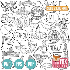 GEORGIA State Symbols. American State Clipart. Atlanta Augusta Columbus Icons Doodle. Scrapbook. Hand Drawn Line Art. Design Set Artwork.