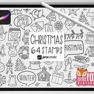 クリスマス スタンプ、Procreate ブラシ、冬のホリデー アイコン、サンタクロース バンドル 落書き。デジタル ステッカー プランナー スクラップブック カラーリングをプレゼント。