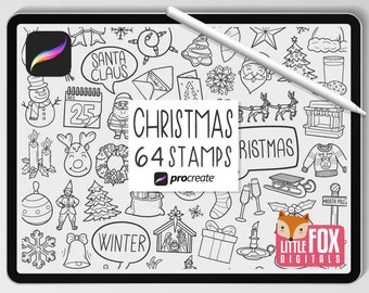 May include: A digital illustration of 64 black and white Christmas stamps for use with the Procreate app. The stamps include images of Santa Claus, reindeer, Christmas trees, presents, ornaments, and other festive imagery.