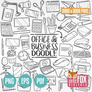 Bürobedarf, Doodle Vektor Icons. Work Items Objekte Clipart. Bürobedarf Kunstwerk Hand gezeichnet Färbung Linie Kunst Design Illustration.
