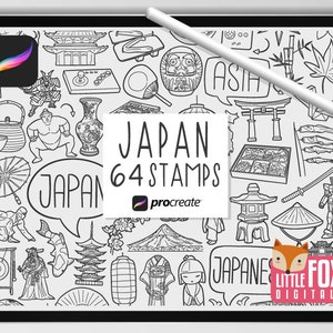 SELLOS DE JAPÓN, pinceles Procreate, íconos japoneses, paquete de garabatos de la cultura japonesa. Conjunto de álbumes de recortes del planificador de pegatinas digitales de los edificios de Tokio.