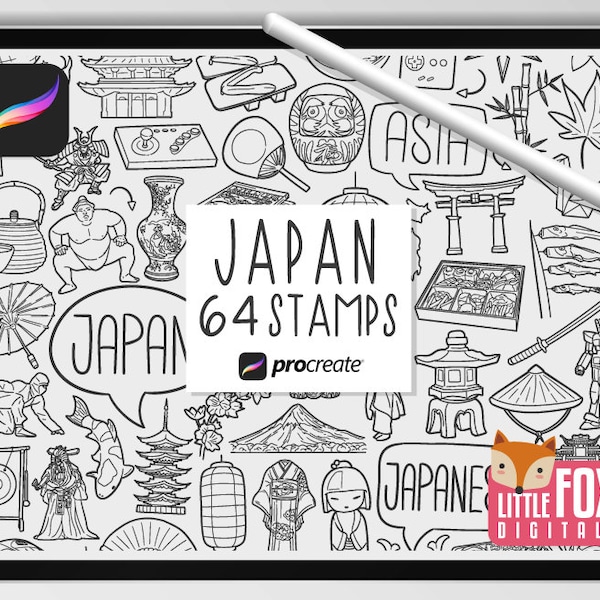 JAPAN STAMPS, Procreate Brushes, Japanes Icons, Bundle Japan Culture Doodles. Tokyo Buildings Digital Sticker Planner Scrapbooking Set.