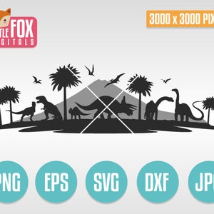 SVG Dinosaurs Scene. Cuttable Design Svg. Silhouette Cameo. Silhouette file Cricut. Cut file Landskape. Scene Dinosaurs Vector Silhouette.