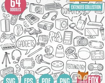 GADGETS, SVG Doodle vector icons. Computer Technology Electronics Doodle Icons Clipart. Set Hand Drawn Line Art Design Artwork Clip Art.