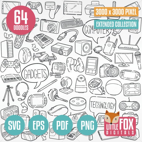 GADGETS, SVG Doodle vector icons. Computer Technology Electronics Doodle Icons Clipart. Set Hand Drawn Line Art Design Artwork Clip Art.