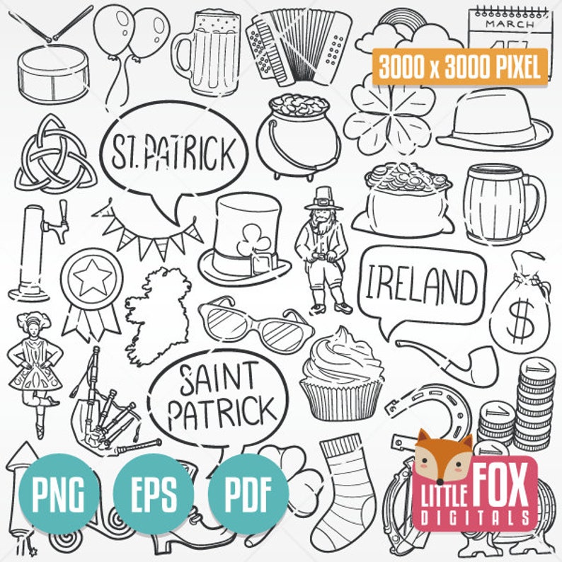 K&ouml;nnte beinhalten: Schwarz-wei&szlig;e Strichzeichnungen von Motiven zum Thema St. Patrick's Day, darunter ein Kleeblatt, ein Topf mit Gold, ein Kobold, ein Bierkrug, eine Harfe, ein vierbl&auml;ttriges Kleeblatt, ein Hufeisen, ein Beutel mit Goldm&uuml;nzen, eine Pfeife, ein Hut, eine Sonnenbrille, ein Cupcake, eine Socke, eine Trommel, ein Stern, eine Karte von Irland und der Text "St. Patrick", "Saint Patrick" und "Irland".