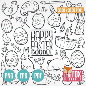 ¡FELICES PASCUAS! Iconos vectoriales de doodle. Clipart de iconos florales de conejito y amigos. Conjunto de bocetos dibujados a mano, arte para colorear y garabatear.