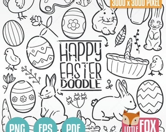 Happy Easter Doodle Vector Icons, Egg Bunny Floral Clipart Hand Drawn. (Digital Download).