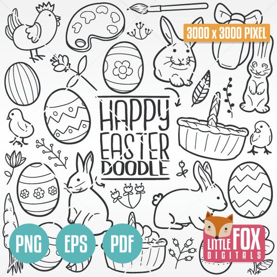 HAPPY EASTER doodle vector icons. Egg Bunny and Friends | Etsy