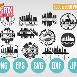SVG CHICAGO Briefmarken. SVG Schnittdatei Chicago. SVG Skyline Chicago. Silhouette svg Chicago. Clip art Chicago Clipart Vektor Icon Logo Design Post