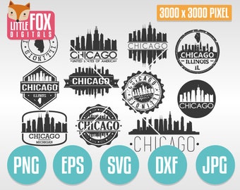 SVG CHICAGO Stamps. Svg Cut File Chicago. Svg Skyline Chicago. Silhouette svg Chicago. Clip art Chicago Clipart Vector Icon Logo Design Post