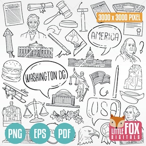 WASHINGTON DC, Estados Unidos da América Travel Doodles. Ícones dos EUA Símbolos de viagem ao Capitólio Ícones Clipart Scrapbook Coloring Line Art Buildings.