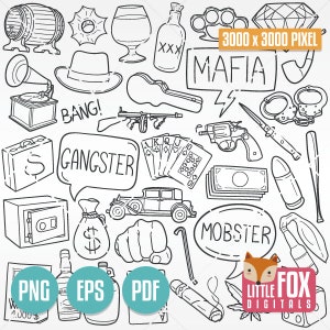 Könnte beinhalten: Schwarz-weiß-Linienzeichnung mit einem Gangster-Thema. Die Illustration enthält eine Pistole, einen Tresor, einen Geldbeutel, ein Auto, einen Fedora-Hut, ein Fass, eine Flasche, eine Zigarre, eine Spielkarte, ein Mikrofon, eine Handschelle, einen Baseballschläger, eine Faust, eine Pfeife, einen Blitz, eine Sprechblase mit dem Wort "Gangster", eine Sprechblase mit dem Wort "Mobster" und den Text "3000 x 3000 PIXEL", "XXX" und "MAFIA".