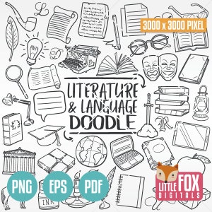LITERATION und SPRACHE, gekritzel Vektor-Icons. Thema Schule Lernen Doodle Icons Clipart. Handgezeichnet Linie Kunst Design Clip Art Färbung Skizze