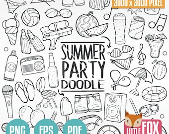 Summer Party Doodle Icons, Hand Drawn Clipart (PNG, EPS, PDF)