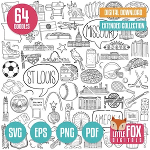 Iconos vectoriales de garabatos SVG de San Luis. Imágenes prediseñadas de edificios de la ciudad de San Luis, arte lineal para colorear de San Luis, Misuri. Diseño de garabatos turísticos dibujados a mano.