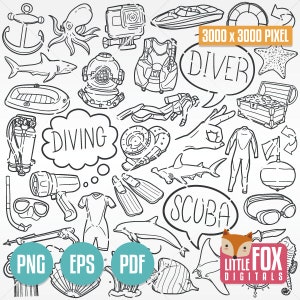 BUCEO Deporte acuático, DIVER Tradicional Doodle Iconos. Clipart Scrapbook Set Hand Drawn Line Art Design Set Artwork Undersea Coloring.