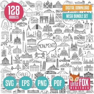MEGA BUNDLE LANDMARKS svg Doodle Vektor-Icons. Illustration Clipart, Sammlungs-Set Hand gezeichnet Linie Kunst, Design Clip Art Färbung Skizze.