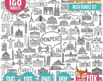 MEGA BUNDLE LANDMARKS svg Doodle Vektor-Icons. Illustration Clipart, Sammlungs-Set Hand gezeichnet Linie Kunst, Design Clip Art Färbung Skizze.