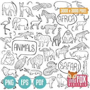 Animaux de safari africains, icônes vectorielles de doodle. Clipart d'icônes de griffonnage d'animal sauvage. Zoologie, croquis dessinés à la main, dessin de la collection à colorier.