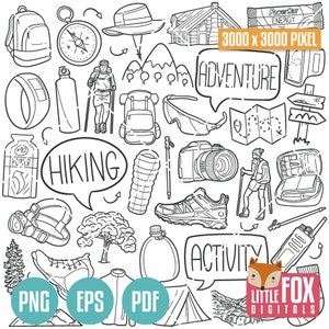 Hiking Doodle Icons. Trekking Mountain Clipart Scrapbook. Walking Artwork. Rambling Coloring Hand Drawn. Exploring Mountaineering Sketch.