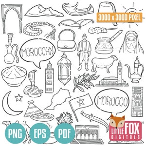 Icônes de doodle du MAROC. Icônes De Doodle De Dessin Animé Arabe Concept Art. Album de cliparts marocain. Jeu Marrakech Dessin Trait Croquis Dessiné Main