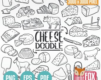 May include: Black and white line art illustration of various cheese types, tools, and animals. The illustration includes a cow, goat, sheep, cheese knives, a cheese grater, a cheese board, and different types of cheese. The text "CHEESE DOODLE" is written in bold letters at the bottom of the image. The image is 3000 x 3000 pixels and is available in PNG, EPS, and PDF formats.