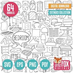 May include: A black and white line drawing illustration of 64 bedroom doodles. The doodles include furniture, decor, and other items commonly found in a bedroom. The doodles are arranged in a random pattern. The text "BEDROOM" is written in a speech bubble.