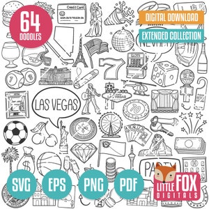 Icônes vectorielles LAS VEGAS SVG doodle. Clipart de construction de ville. Ligne de coloriage Nevada. Culture voyage tourisme griffonnage dessiné à la main, fichier de coupe Svg.