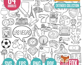 LAS VEGAS SVG doodle vector icons. City Building clipart. Nevada Coloring Line. Culture Travel Tourism Hand Drawn Scribble, Svg cut file.