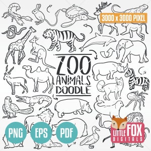 ZOO ANIMALS, doodle vector icons. Wild Animal Doodle Icons Clipart. Set Hand drawn Sketch Line Art Coloring Hand Drawn Colection Design.