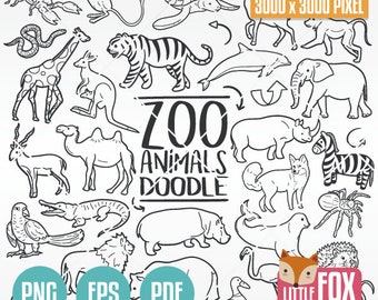 Zoo Animals Doodle Vector Icons, Sketch Clipart (PNG, EPS, PDF)