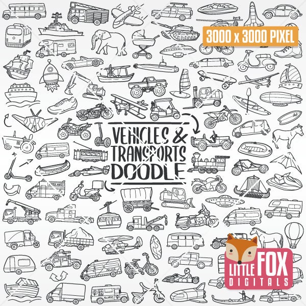 TRANSPORTS and VEHICLES Travel, Trip and tour doodle. Sketch Doodle Art Icons Clipart Scrapbook Set Coloring Hand Drawn Line Art Sketch.