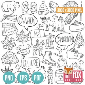 Icônes de doodle vectorielles du Canada. Album de cliparts voyage canadien en Amérique. Conception artistique au trait dessinée à la main en Amérique du Nord. Illustrations Clip Art à colorier.