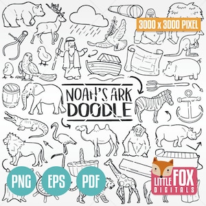 NOAH&#39;S ARK Animals, Bible Stories Clip art. Scrapbooking Doodle Clipart Scrapbook Teacher Coloring Icon Line Art Hand Drawn Scribble Design.