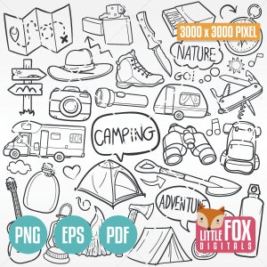 CAMPEGGIO, icone vettoriali doodle. Natura, Avventura, Montagna, Giorno, Foresta, Famiglia, Amici, Vacanze, Icone Doodle Clipart. Set di illustrazioni, disegni da colorare, schizzi.