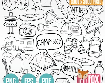 Conjunto de imágenes prediseñadas de camping, garabatos de aventura - PNG, EPS, PDF