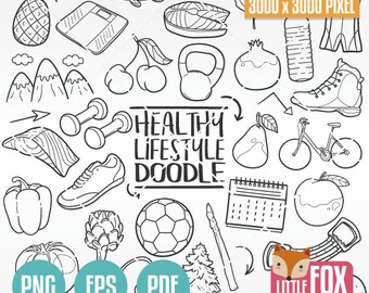 Gesunder Lebensstil Doodle Clipart-Set, Linie Kunst Symbole (PNG EPS PDF)
