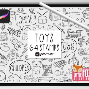 SELLOS DE JUGUETES PARA NIÑOS, pinceles de procreación, iconos de sala de juegos para niños, garabatos de paquetes. Toy Bin Clipart Digital Sticker Planner Scrapbook Coloring.