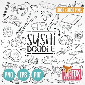 SUSHI Icons doodle vector. Japanese Food Doodle Icons Clipart Scrapbook Set. Hand Drawn Line Art. Fast Food Japan Artwork Clip Art Coloring.