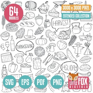 Puede incluir: Un conjunto de 64 ilustraciones de garabatos en blanco y negro con temática de Acción de Gracias. Los garabatos incluyen una cornucopia, un pavo, una calabaza, un espantapájaros, un sombrero de peregrino, un pastel, una copa de vino, una botella de vino, un girasol, una linterna, una campana, una corona, una hoja, una pera, un hongo, un tronco, una bolsa de grano, una hogaza de pan, un tarro de miel, un tazón de crema batida, una piña, un racimo de uvas, un barco, un barril, una carretilla, un tractor, un calendario, un pimiento, una mazorca de maíz, una porción de pastel, un plato de comida, un cuchillo, un tenedor, una vajilla, una tetera, una manzana, un trozo de pastel, un letrero de cosecha, un letrero de vacaciones y un zorro. Los garabatos son perfectos para crear manualidades, tarjetas y decoraciones de Acción de Gracias.