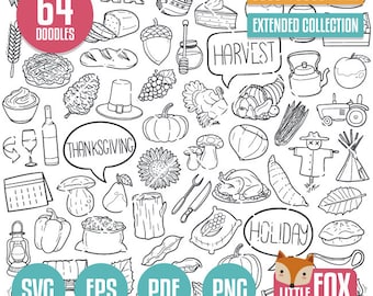 THANKSGIVING SVG Doodle Icon Vector. Family Holiday Party Harvest Clipart, Turkey Autumn Coloring Hand Draw Line Collection Scribble Sketch.