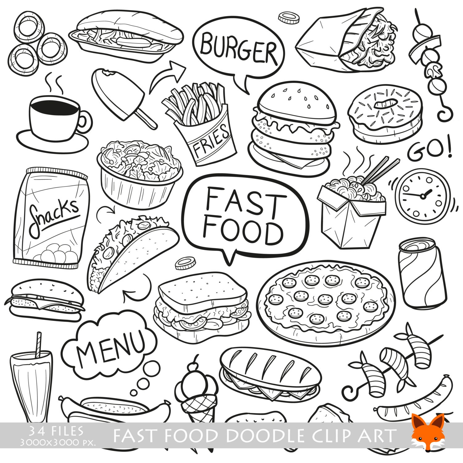 Fast Food Day Restaurant Menu Doodle Icons Clipart Scrapbook Etsy