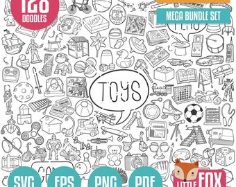 MEGA BUNDLE TOYS SVG Doodle-Symbole. Illustration Clipart, Sammlungs-Set Hand gezeichnet Linie Kunst, Design Clip Art Färbung Skizze.
