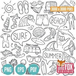 SURF, Surfing Beach Sport Doodle vector icons. Summer Icons Clipart Scrapbook Set Hand Drawn Line Art. Design Set Artwork Clip Art Coloring.