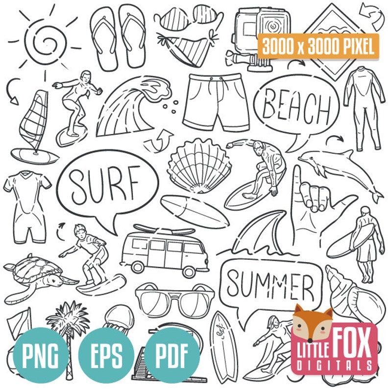 SURF Surfing Beach Sport Doodle Vector Icons. Summer Icons - Etsy