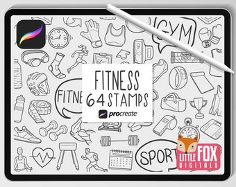 FITNESS STAMPS, Procreate Brushes, Workout Icons, Sport Bundle Doodles. GYM Exersice Digital Sticker Planner Scrapbook Set Coloring.